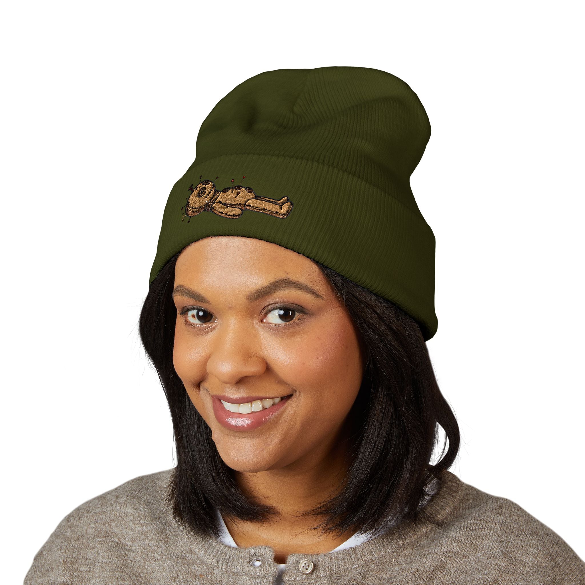 Voodoo Doll Embroidered Beanie – Cute Spooky Cuffed Hat