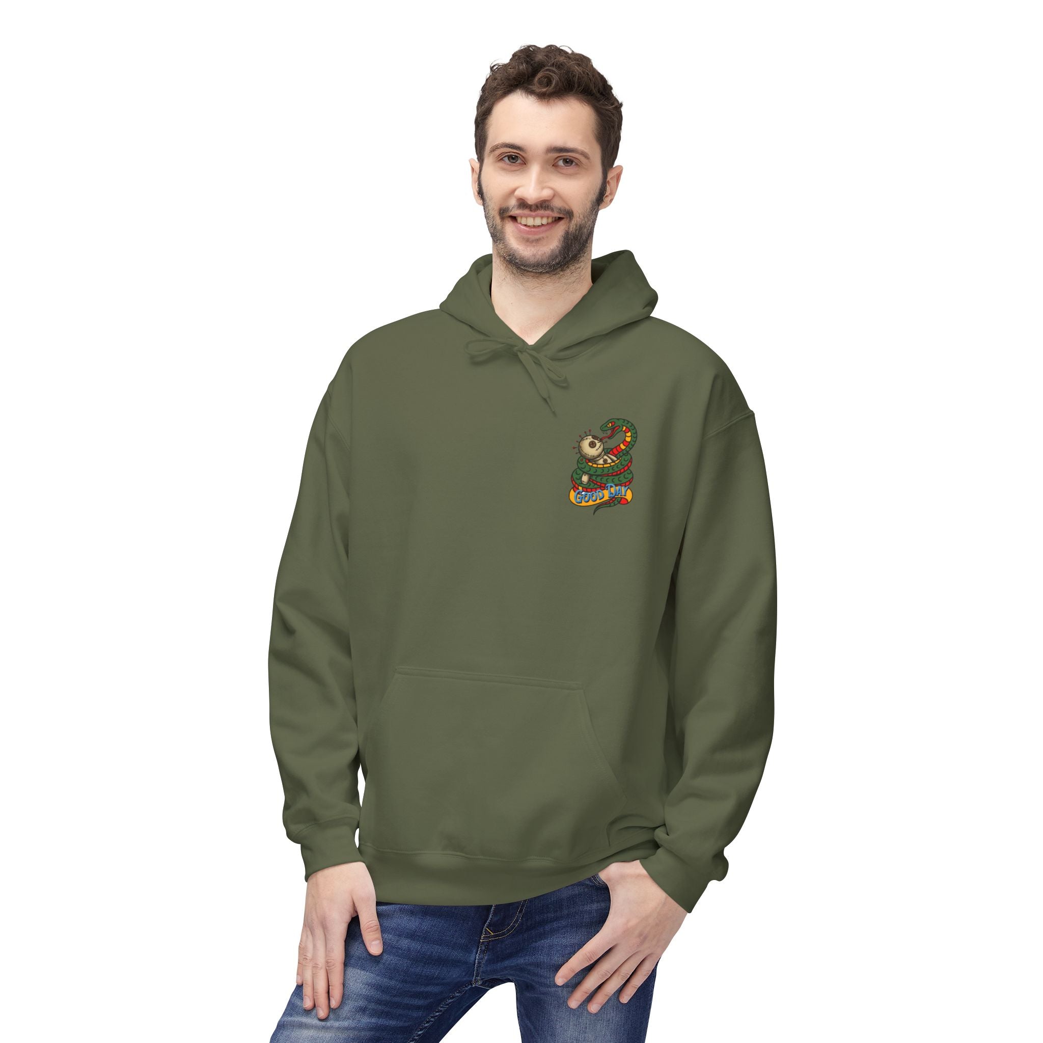 Good Day Snake Hoodie — Retro Voodoo Doll & Serpent Graphic Hoodie