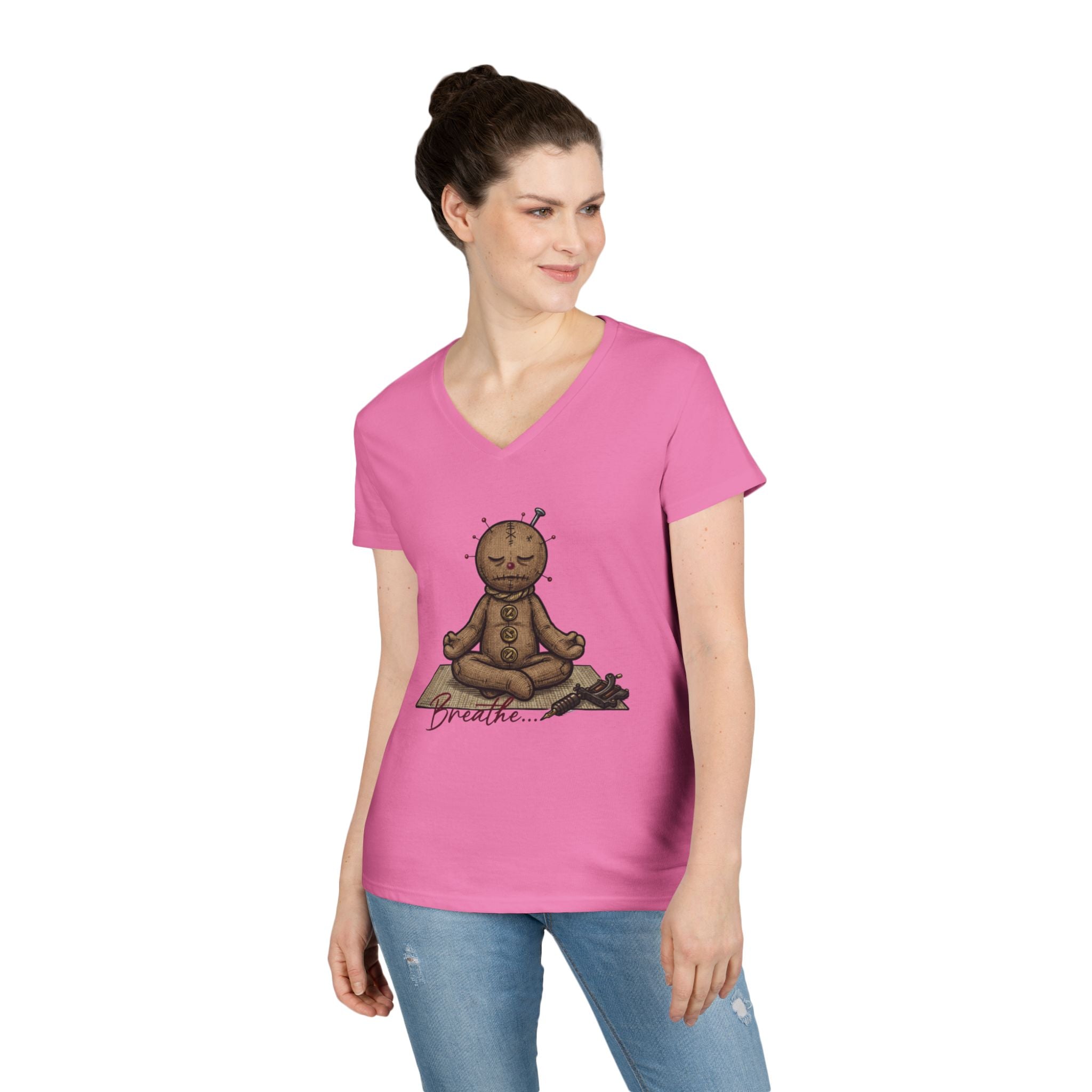 Voodoo Doll Meditation Tee — 'Breathe' Ladies' V-Neck T-Shirt