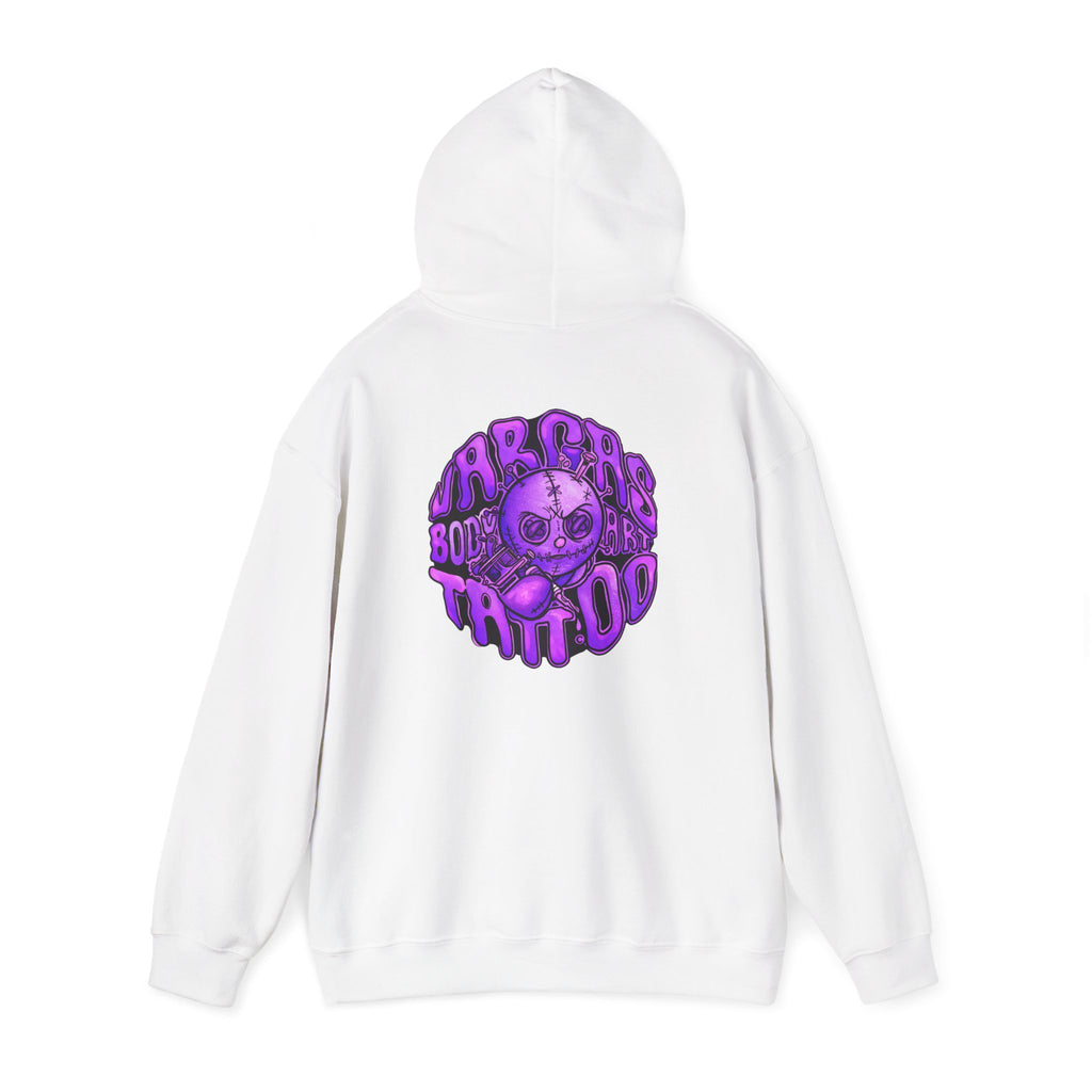 Purple Creepy Doll Skull Hoodie | Drip Text Horror Back Graphic