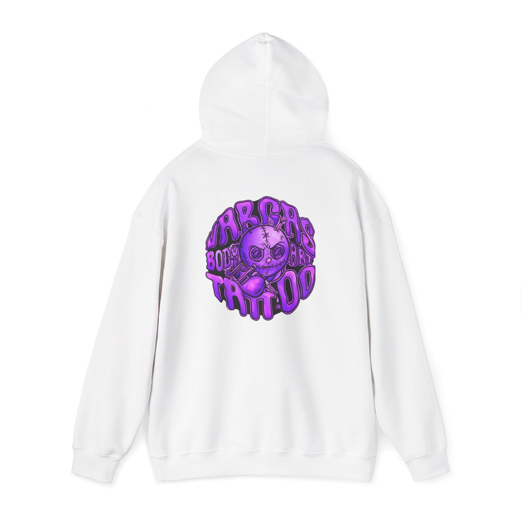 Purple Creepy Doll Skull Hoodie | Drip Text Horror Back Graphic