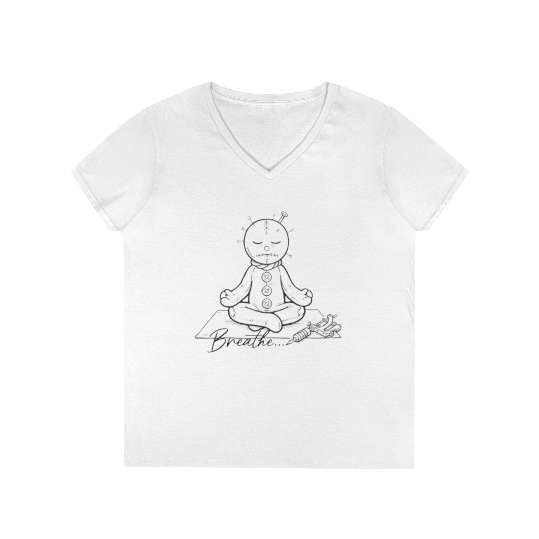 Meditating RagDoll Illustration V-Neck T-Shirt | 'Breathe' Zen Fall Tee