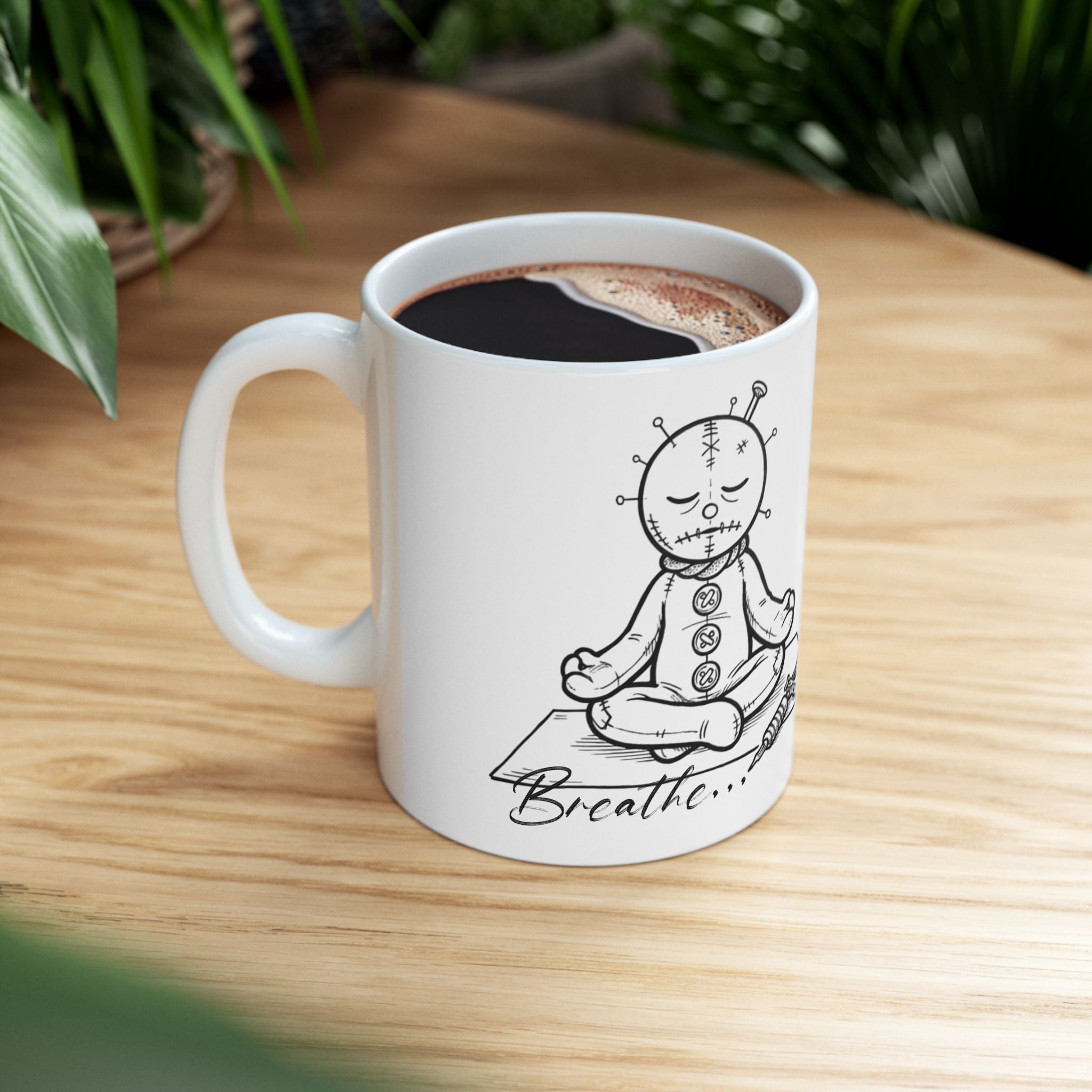 Voodoo Doll Meditation Ceramic Mug (11oz & 15oz) — Quirky Gothic Coffee Cup for Witchy Gifts