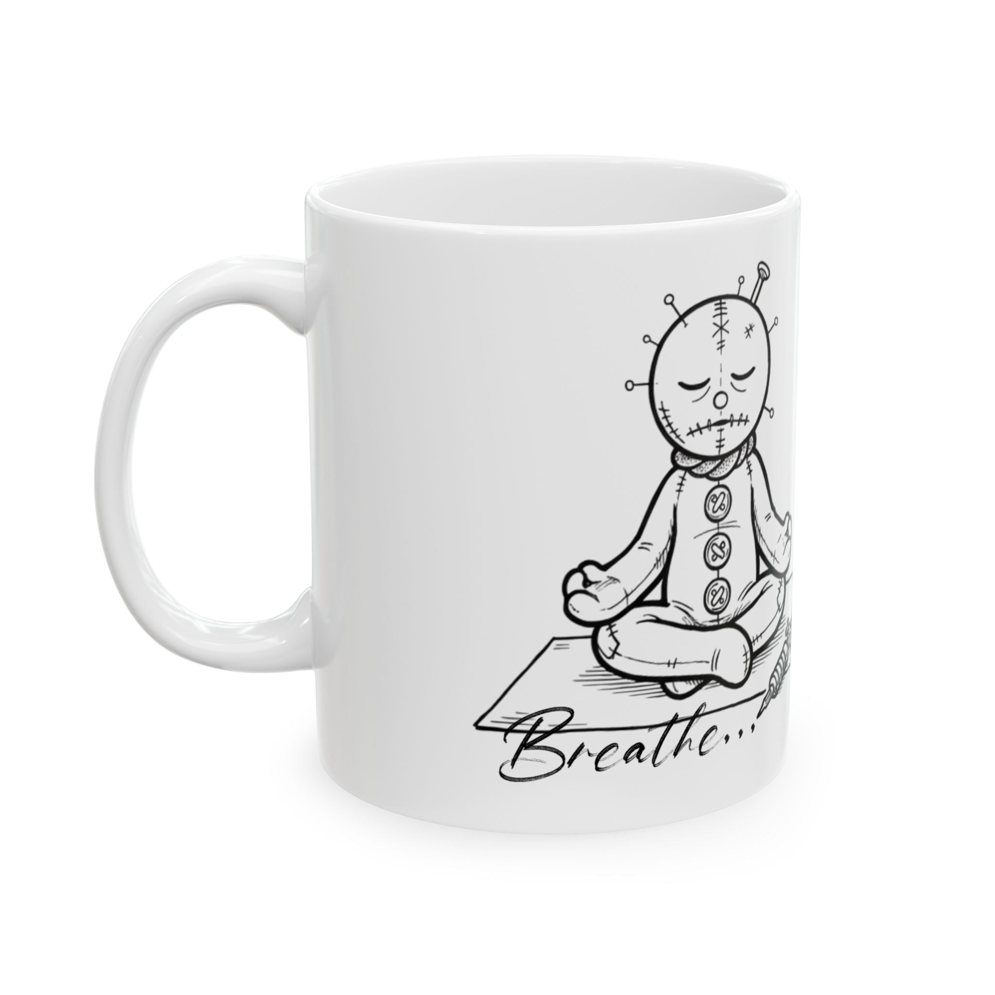 Voodoo Doll Meditation Ceramic Mug (11oz & 15oz) — Quirky Gothic Coffee Cup for Witchy Gifts
