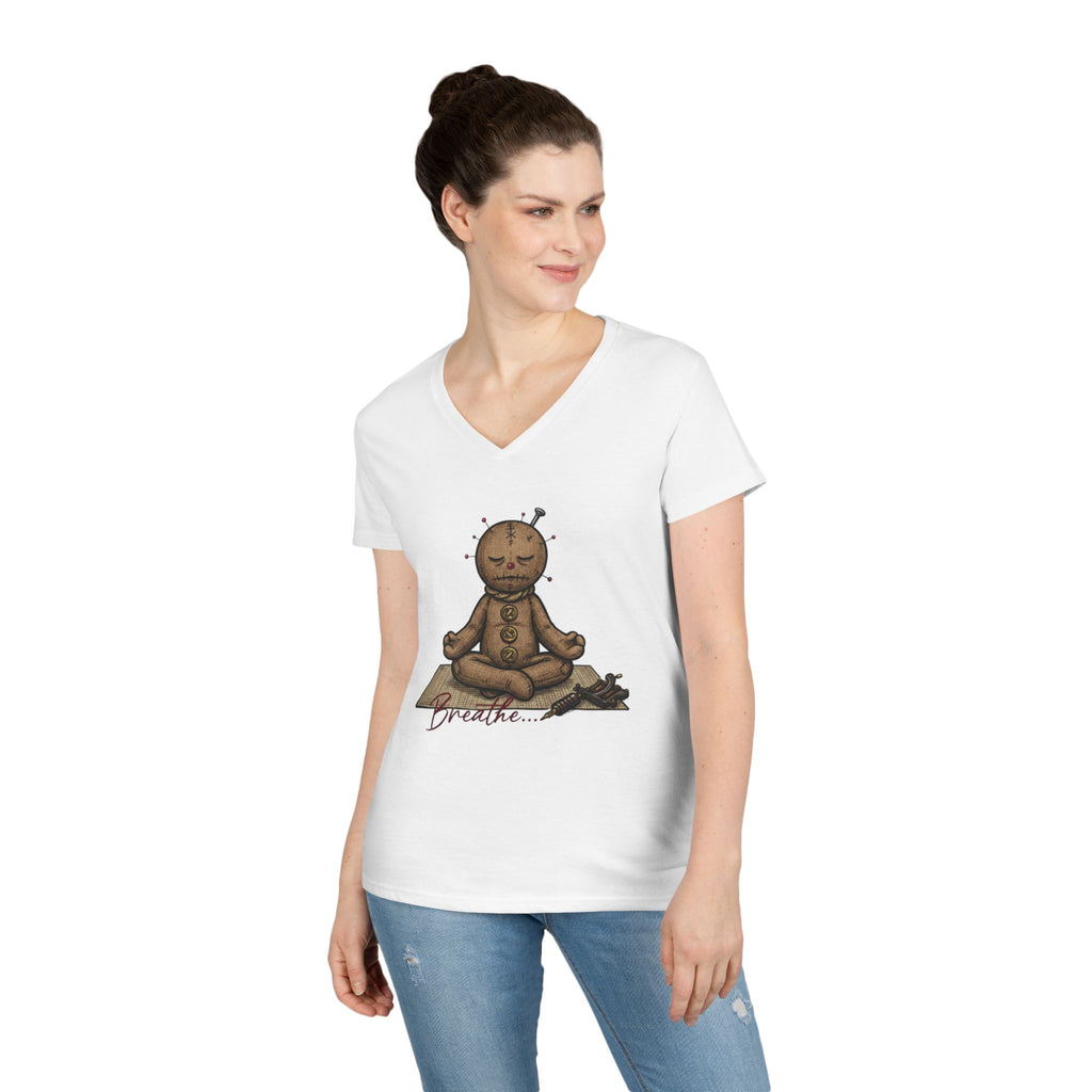 Voodoo Doll Meditation Tee — 'Breathe' Ladies' V-Neck T-Shirt