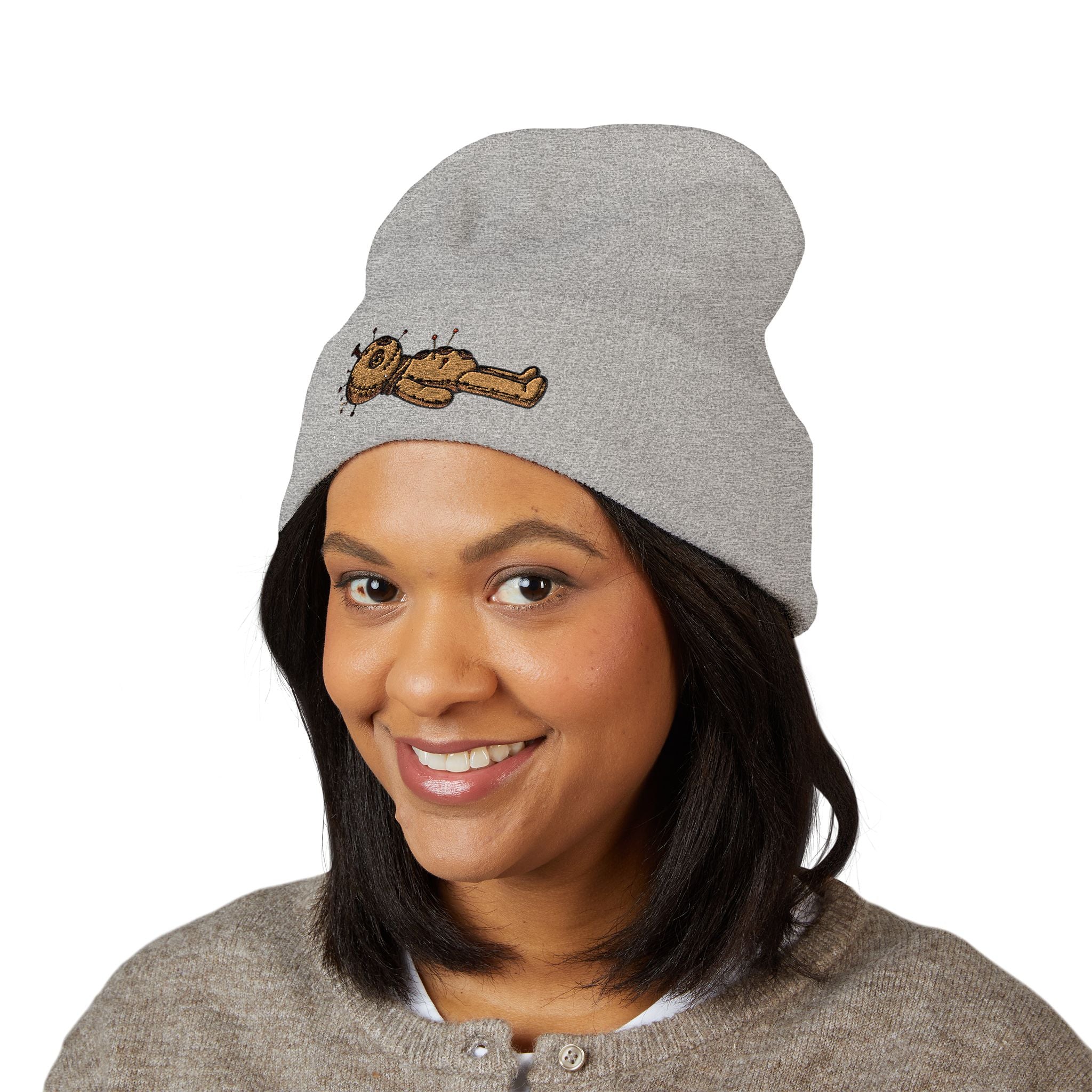 Voodoo Doll Embroidered Beanie – Cute Spooky Cuffed Hat