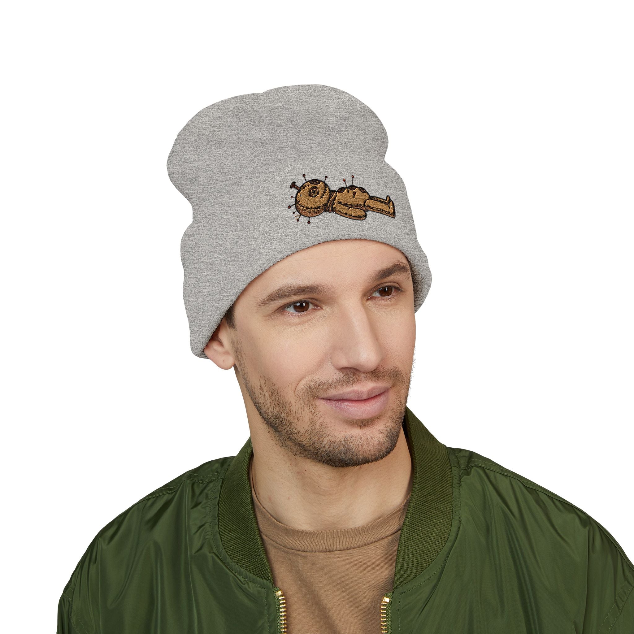 Voodoo Doll Embroidered Beanie – Cute Spooky Cuffed Hat
