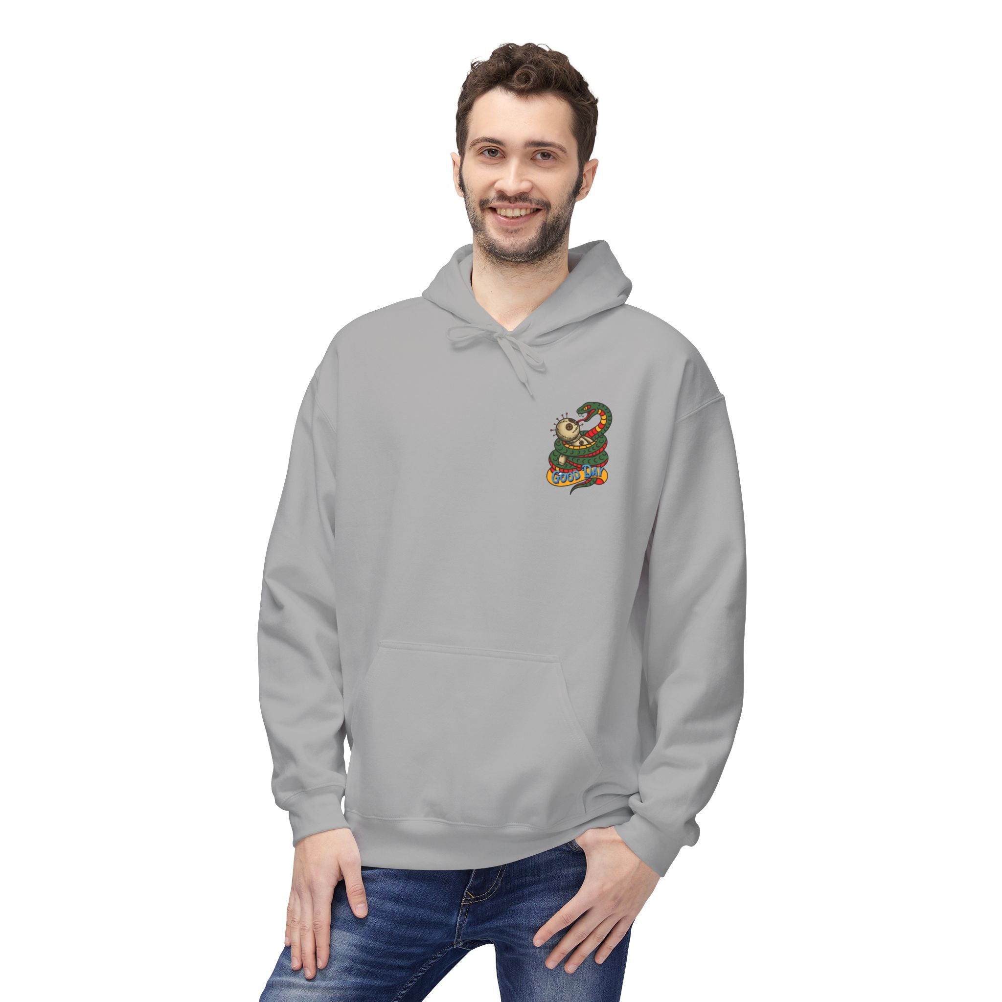Good Day Snake Hoodie — Retro Voodoo Doll & Serpent Graphic Hoodie