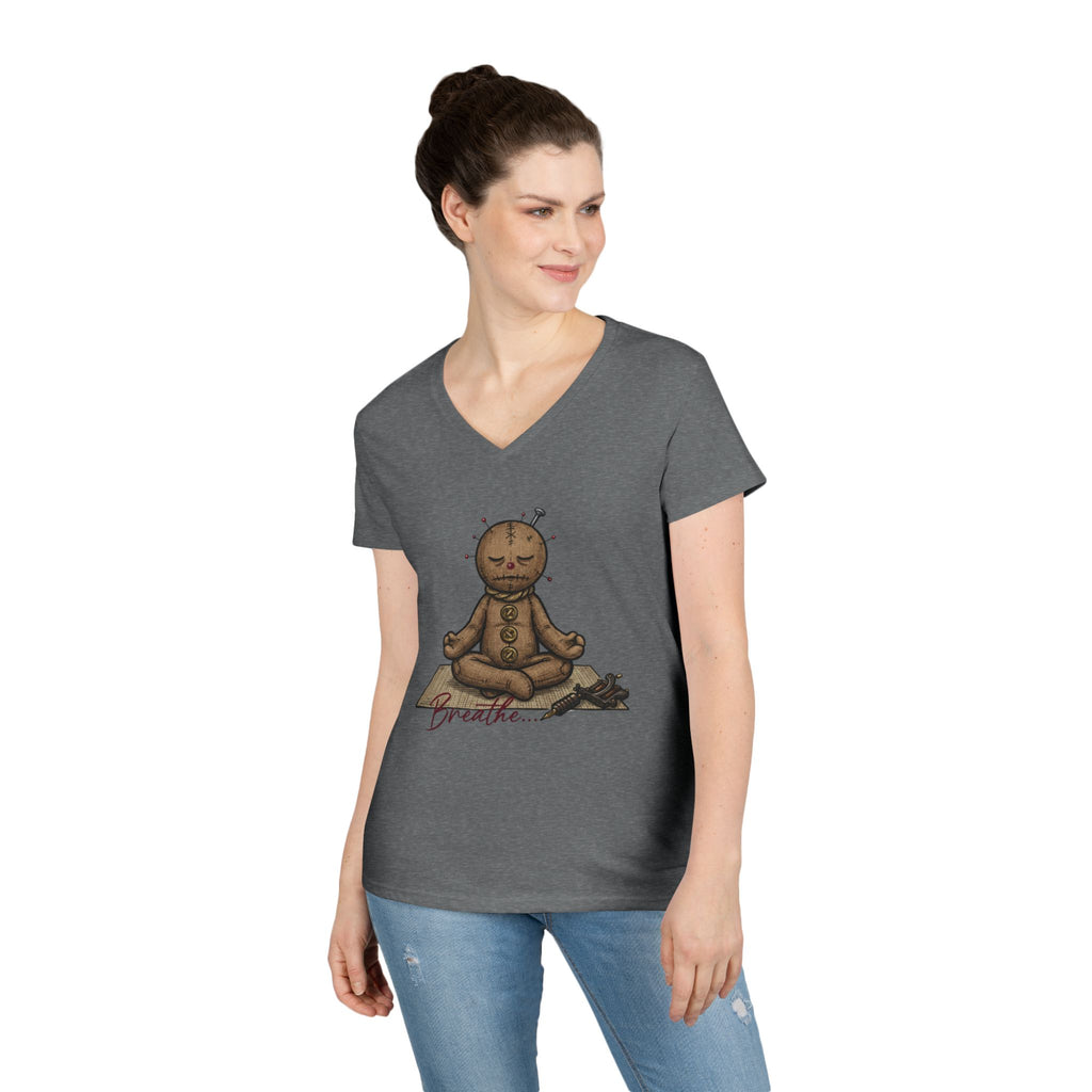 Voodoo Doll Meditation Tee — 'Breathe' Ladies' V-Neck T-Shirt