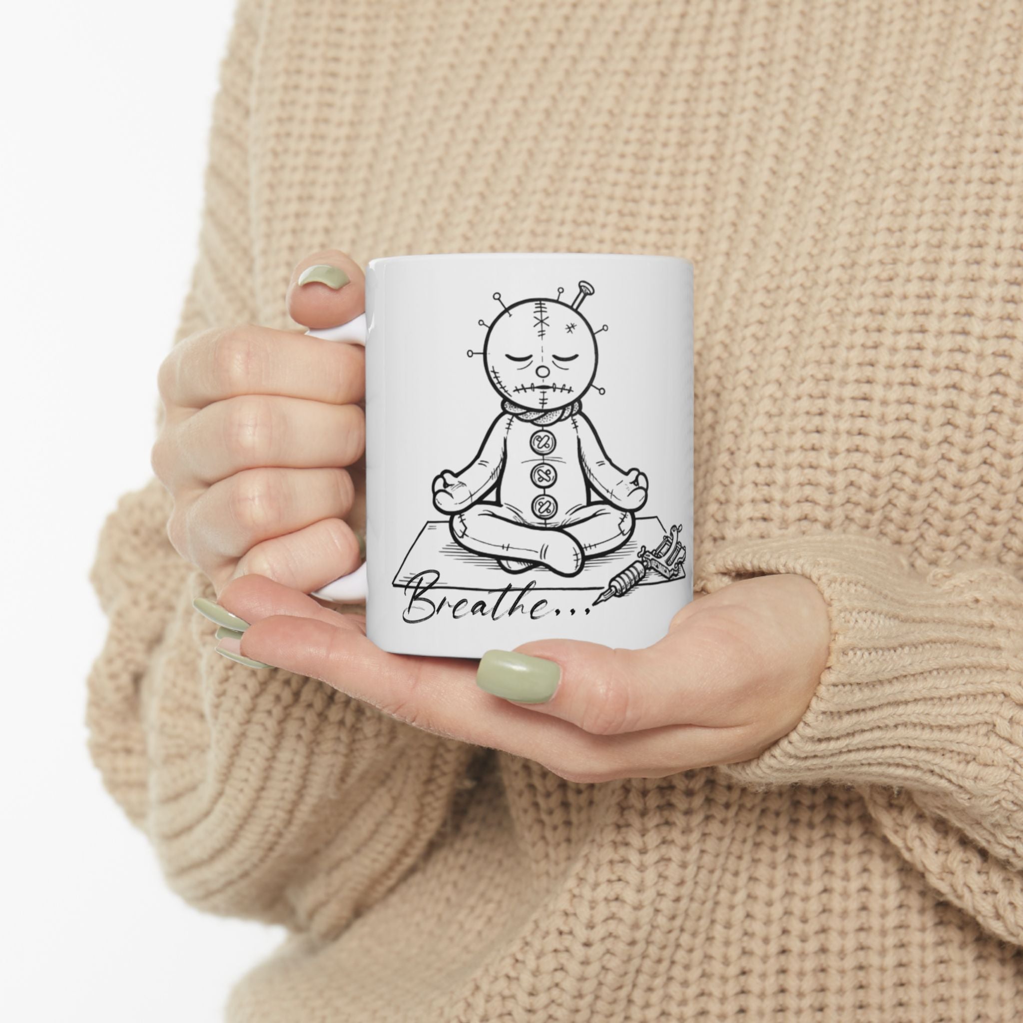 Voodoo Doll Meditation Ceramic Mug (11oz & 15oz) — Quirky Gothic Coffee Cup for Witchy Gifts
