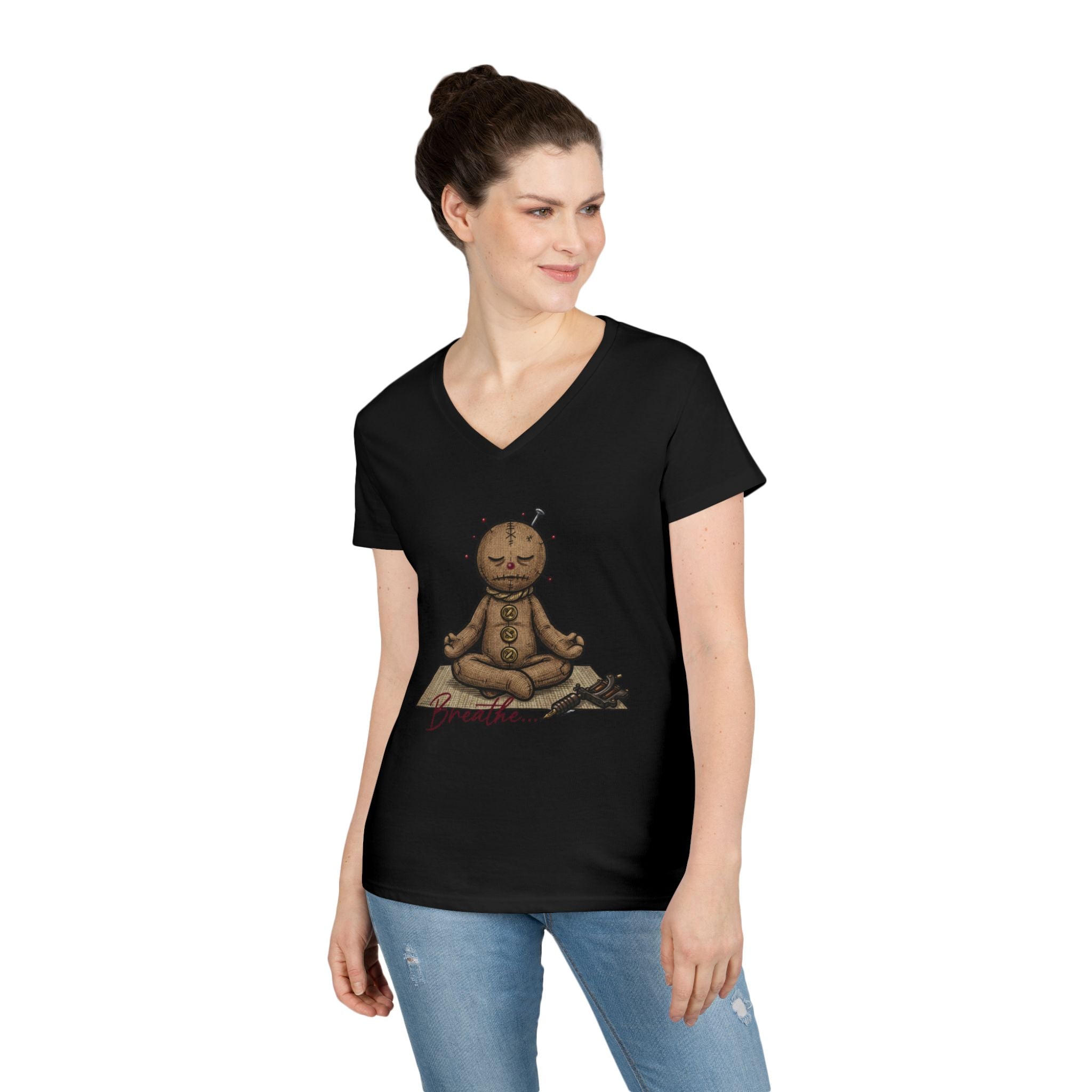 Voodoo Doll Meditation Tee — 'Breathe' Ladies' V-Neck T-Shirt