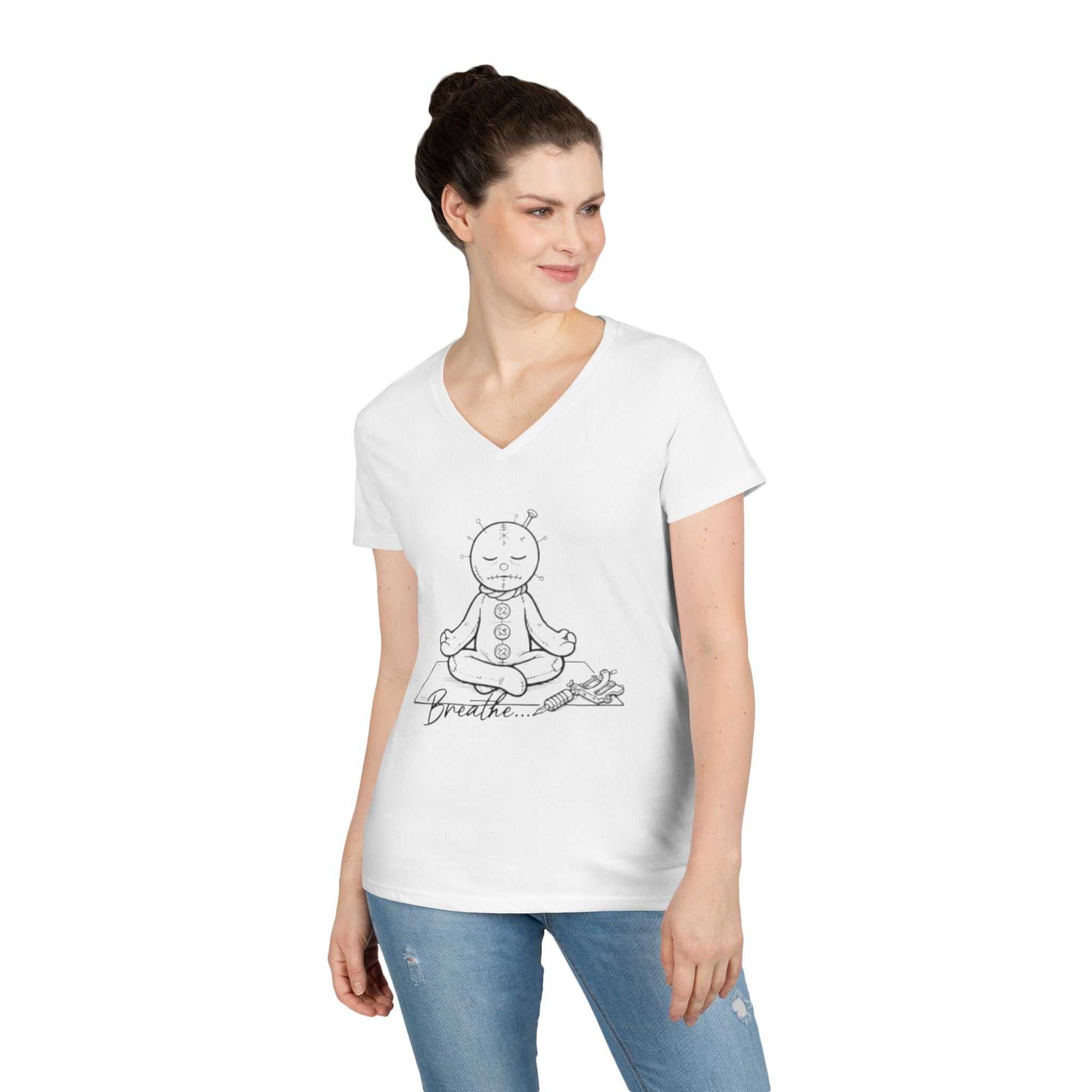 Meditating RagDoll Illustration V-Neck T-Shirt | 'Breathe' Zen Fall Tee