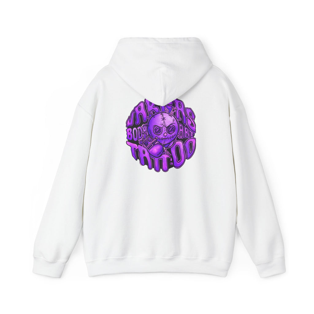 Purple Creepy Doll Skull Hoodie | Drip Text Horror Back Graphic
