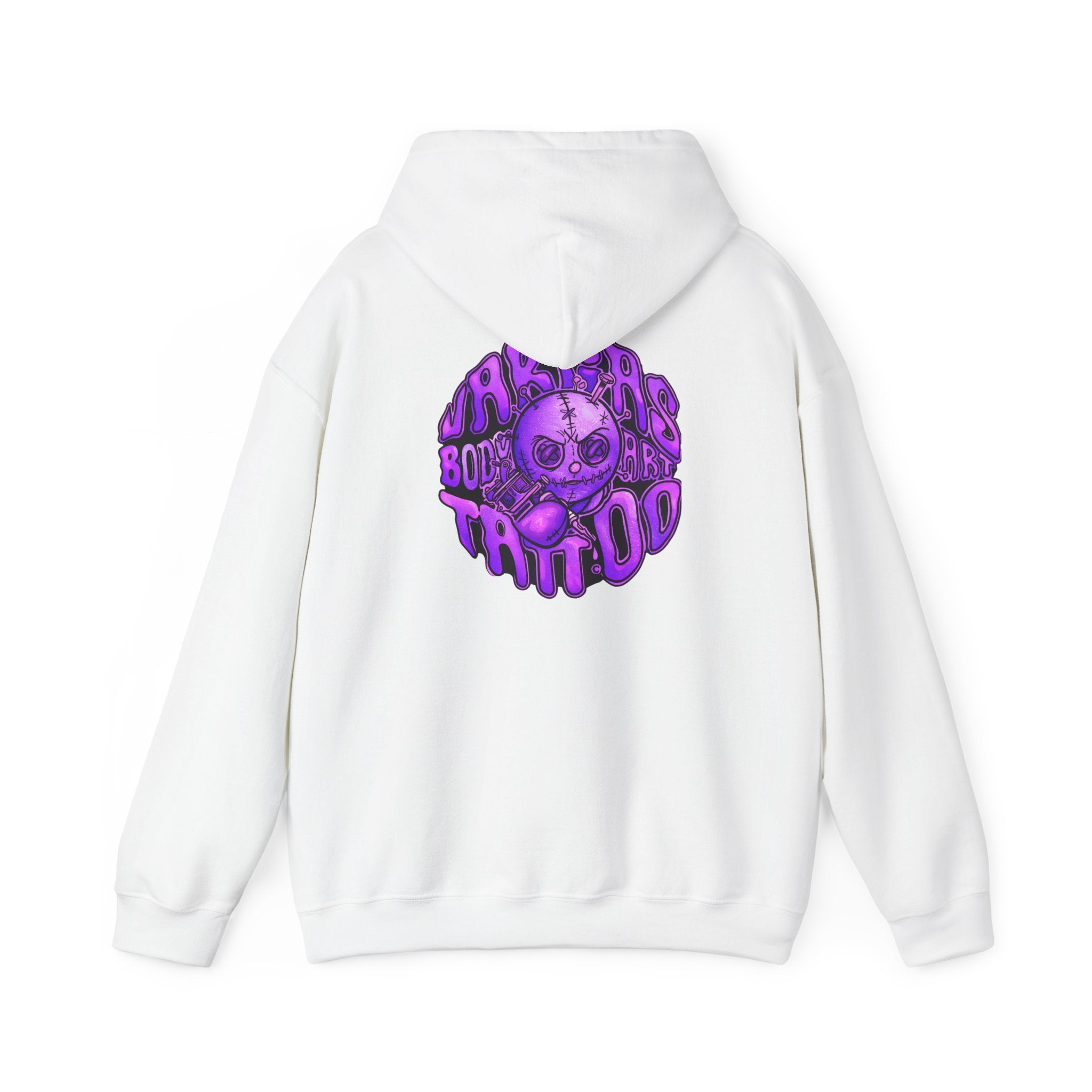 Purple Creepy Doll Skull Hoodie | Drip Text Horror Back Graphic