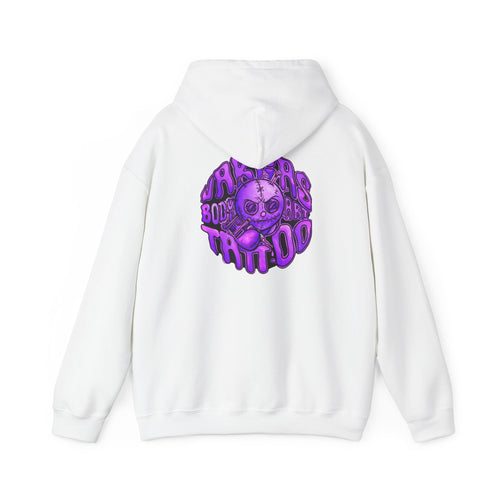 Purple Creepy Doll Skull Hoodie | Drip Text Horror Back Graphic