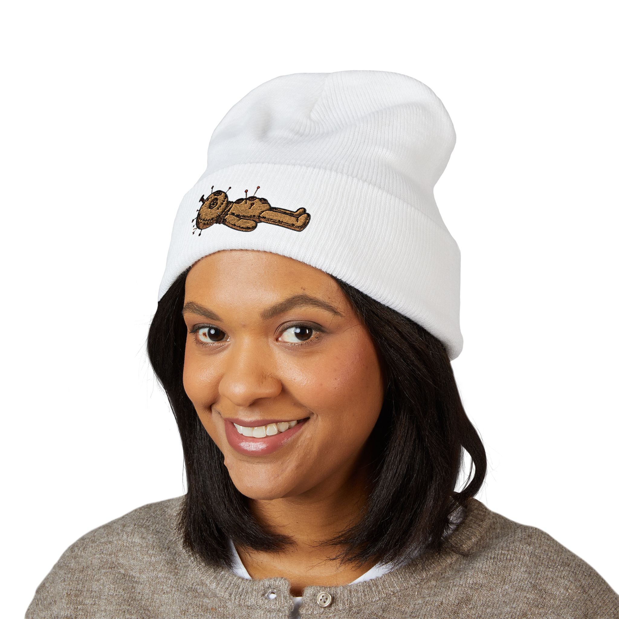 Voodoo Doll Embroidered Beanie – Cute Spooky Cuffed Hat