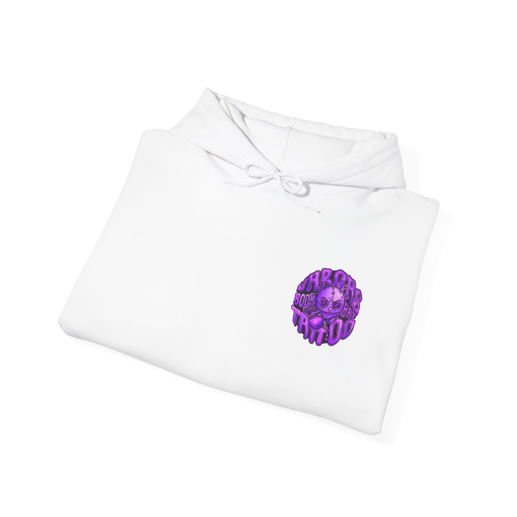 Purple Creepy Doll Skull Hoodie | Drip Text Horror Back Graphic